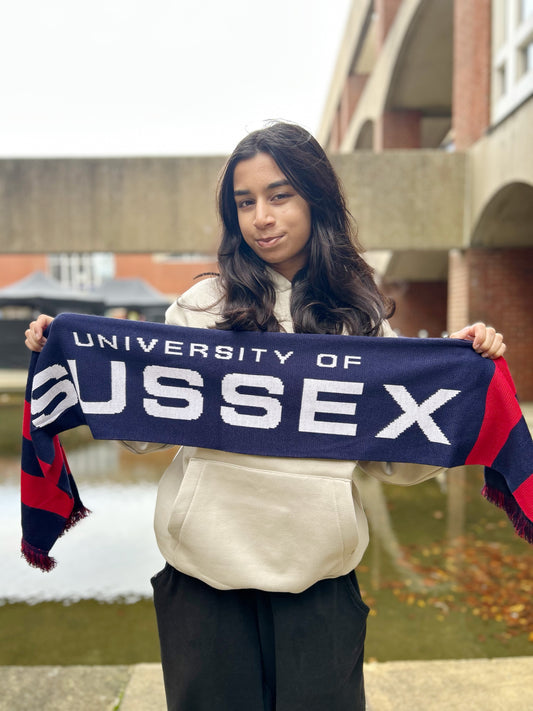 Person holding a scarf in navy and red, the Sussex University colours. The scarf says 'University of Sussex' on it. The person is outside of Falmer house with the moat in the backdrop